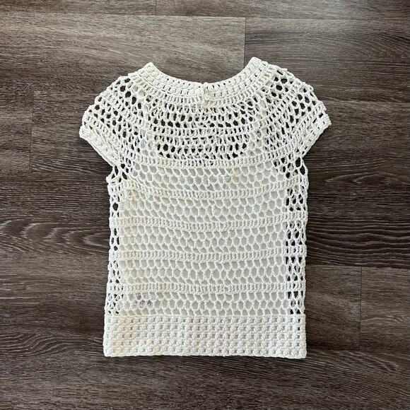 Theory Ivory Crochet T-Shirt Top P Short Sleeve Layered Knit Minimalist Tee - Picture 5 of 16